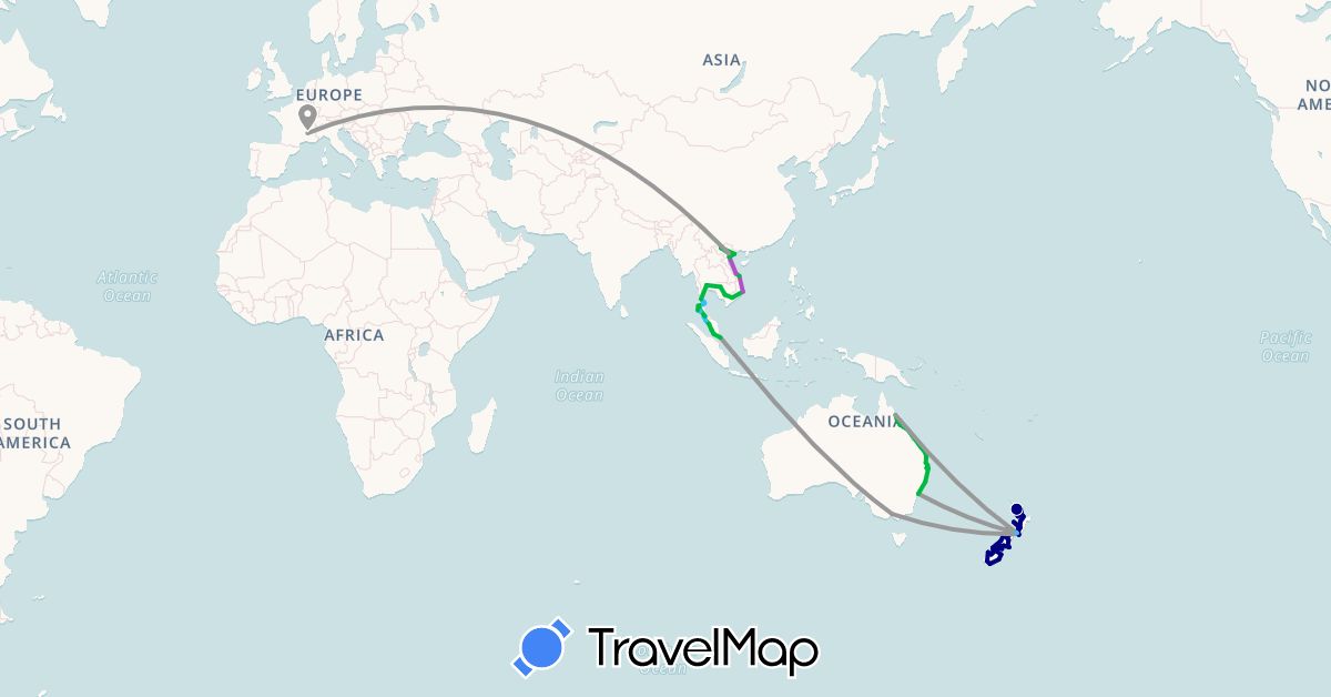 TravelMap itinerary: driving, bus, plane, train, boat in Australia, France, Cambodia, Malaysia, New Zealand, Singapore, Thailand, Vietnam (Asia, Europe, Oceania)